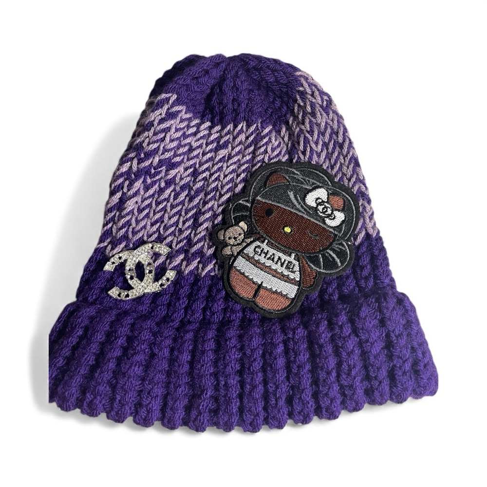 Hand Knitted Purple Beanie with Luxury Hello Kitty Patch and Luxury Brooch